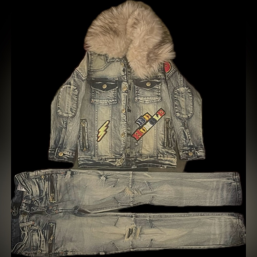 Boys Fashion Denim Detachable Fur Collar set